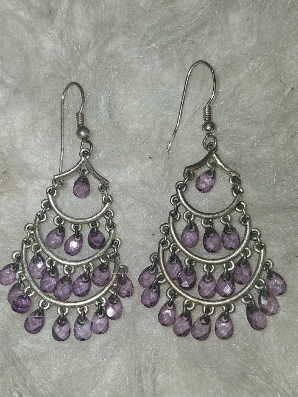Elegant Purple Beaded Silvertone Chandelier Fashion Earrings -